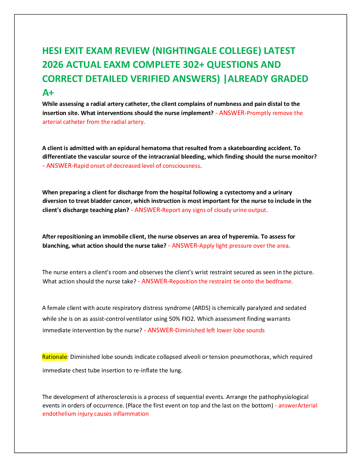 Preview of HESI EXIT EXAM REVIEW (NIGHTINGALE COLLEGE) LATEST   2026 ACTUAL EAXM COMPLETE 302+ QUESTIONS AND   CORRECT DETAILED VERIFIED ANSWERS) |ALREADY GRADED  A+