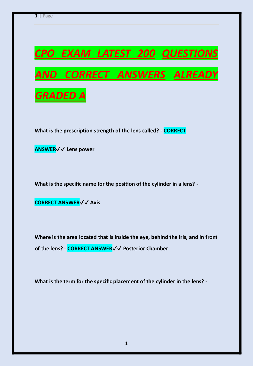Recommended document preview for CPO EXAM LATEST 200 QUESTIONS AND CORRECT ANSWERS ALREADY GRADED A