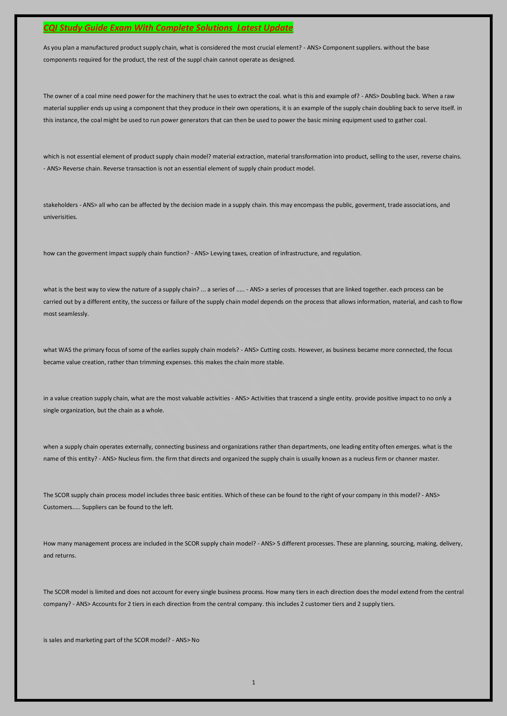 CQI Study Guide Exam With Complete Solutions Latest Update