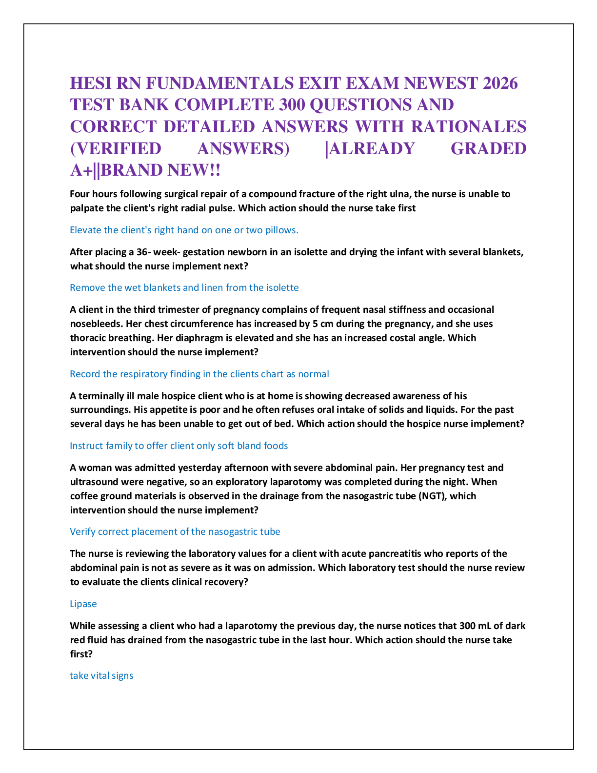 HESI RN FUNDAMENTALS EXIT EXAM NEWEST 2026   TEST BANK COMPLETE 300 QUESTIONS AND   CORRECT DETAILED ANSWERS WITH RATIONALES  (VERIFIED  ANSWERS)  A+||BRAND NEW!!
