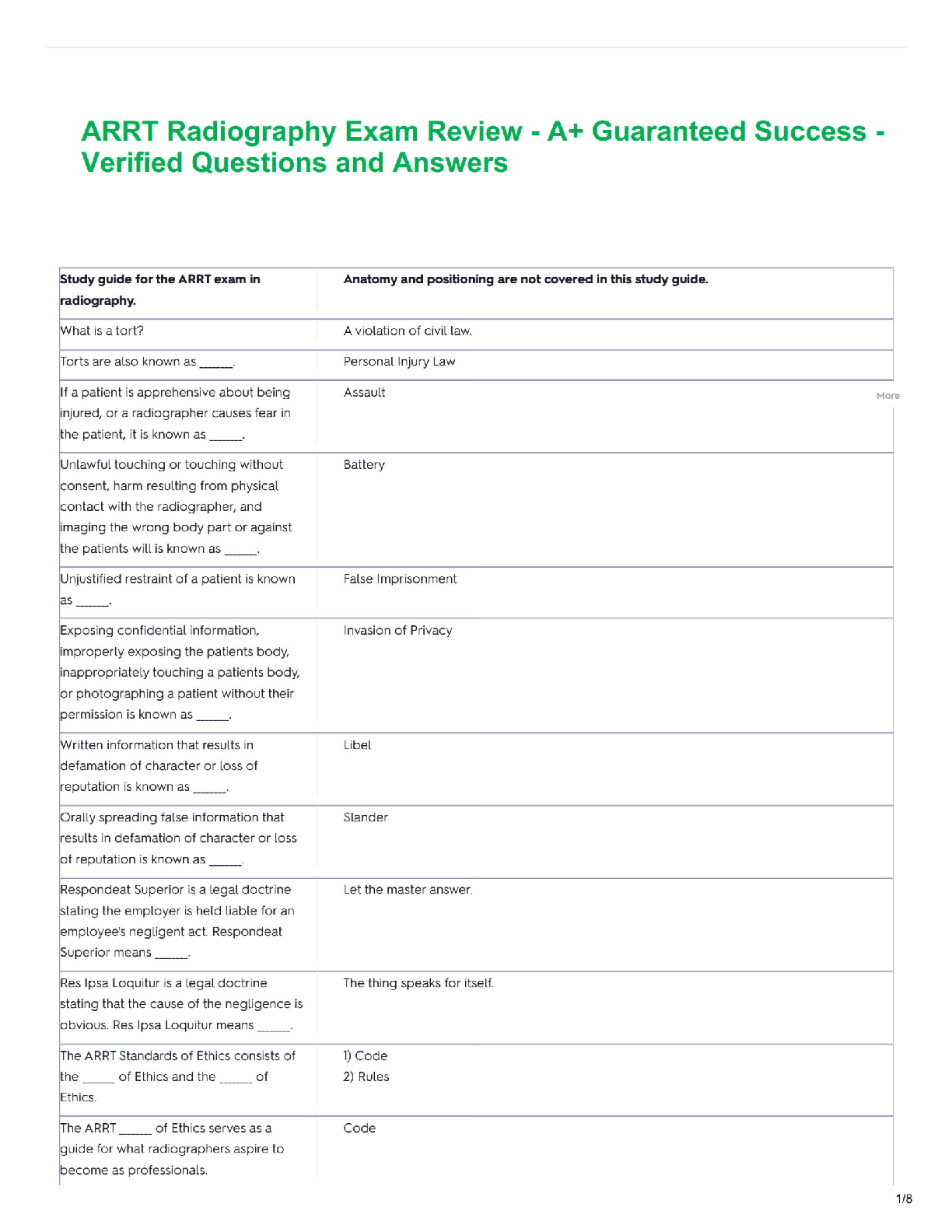 Preview of ARRT Radiography Exam Review - A+ Guaranteed Success - Verified Questions and Answers