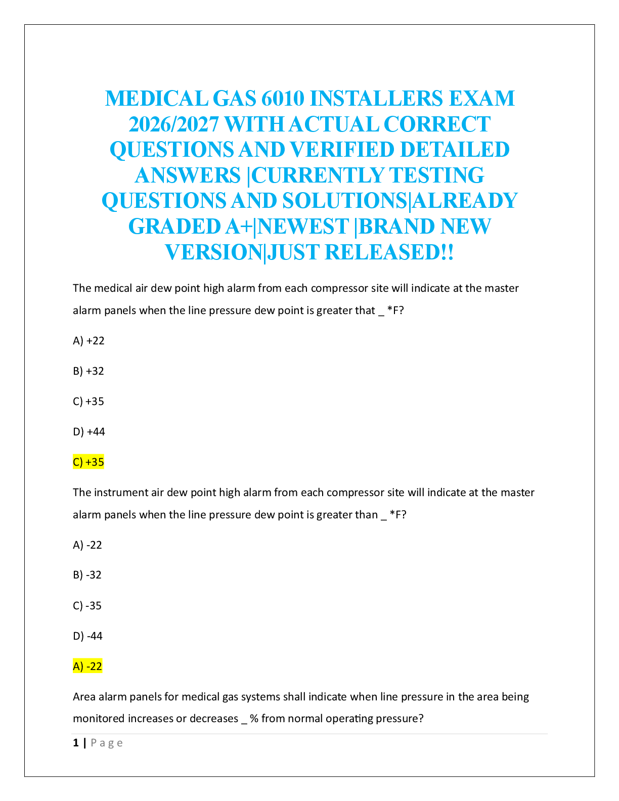 Preview of MEDICAL GAS 6010 INSTALLERS EXAM   2026/2027