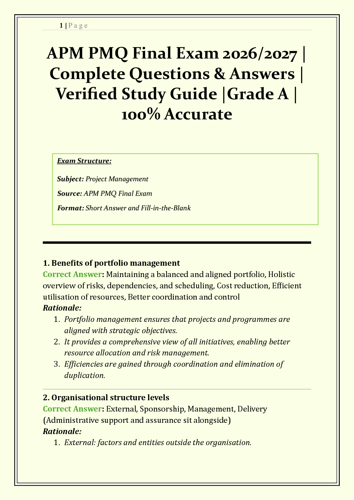 Recommended document preview for APM PMQ Final Exam 2026/2027 | Complete Questions & Answers with Rationales | Project Governance, Stakeholder Management & EVM Calculations | Grade A+ | Downloadable PDF