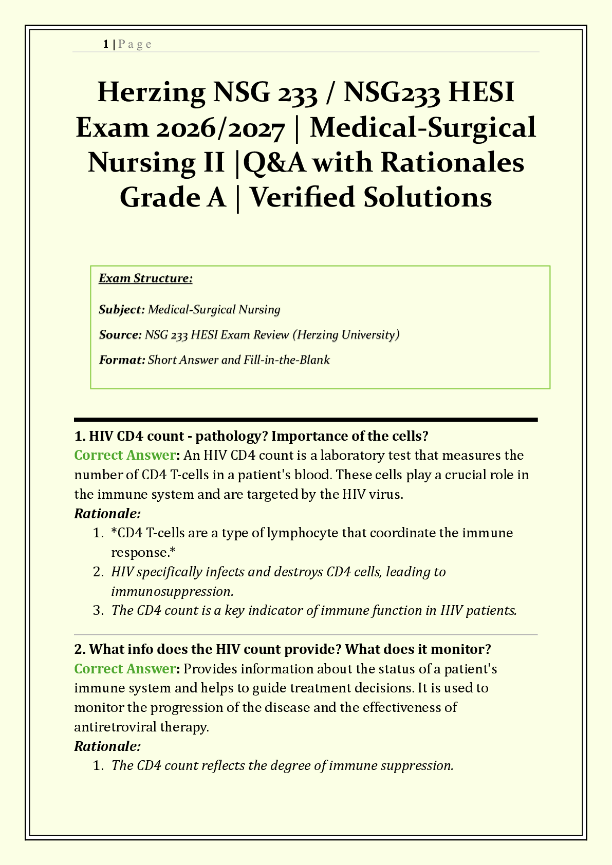 Recommended document preview for NSG 233 / NSG233 HESI Exam Herzing | 2026/2027 | Medical-Surgical Nursing II | Q & A with Rationales | Cardiovascular, Respiratory, Endocrine & Neurological Disorders | Grade A | Verified Solutions