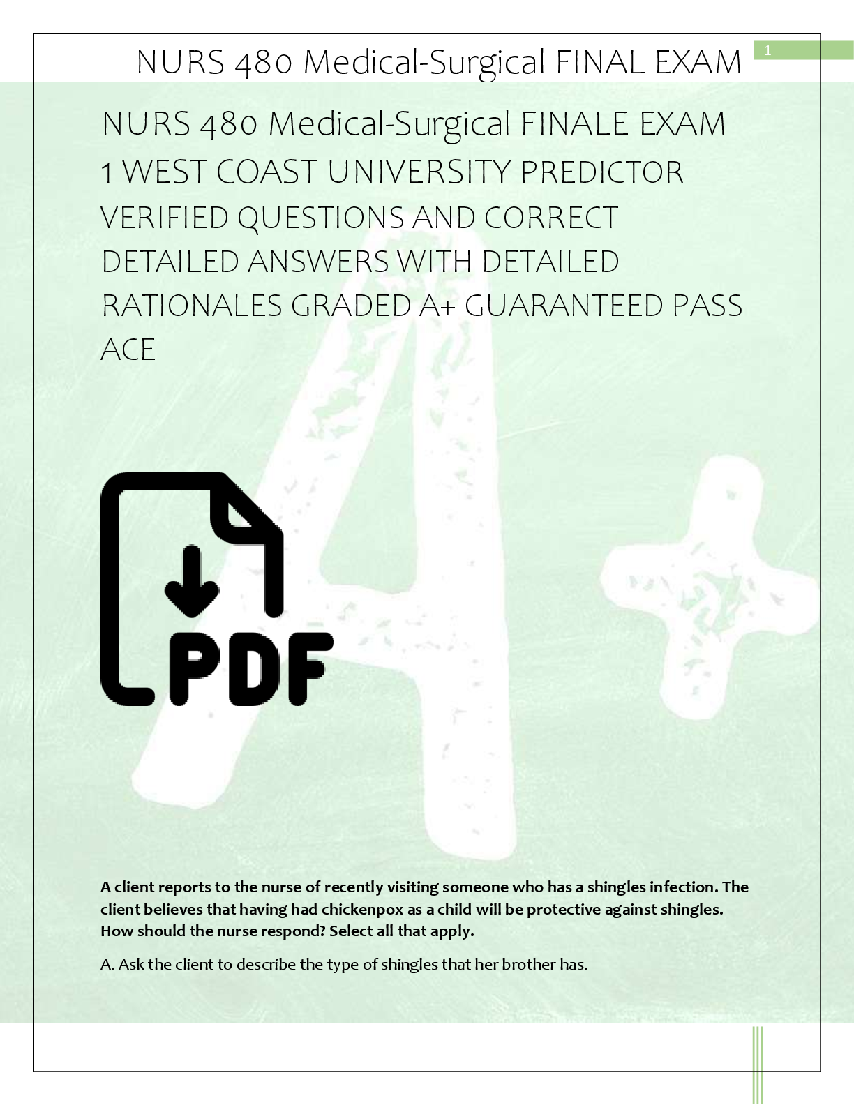 Preview of NURS 480 Medical-Surgical FINALE EXAM   1 WEST COAST UNIVERSITY PREDICTOR  VERIFIED QUESTI