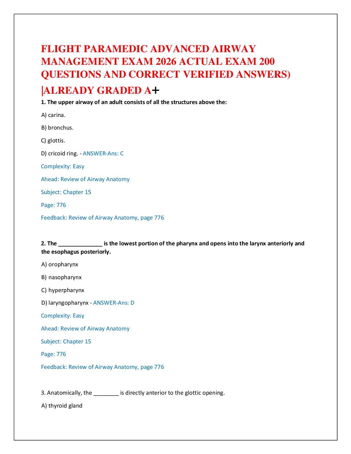 FLIGHT PARAMEDIC ADVANCED AIRWAY   MANAGEMENT EXAM 2026 ACTUAL EXAM 200   QUESTIONS AND CORRECT VERIFIED ANSWERS)  |ALREADY GRADED A+