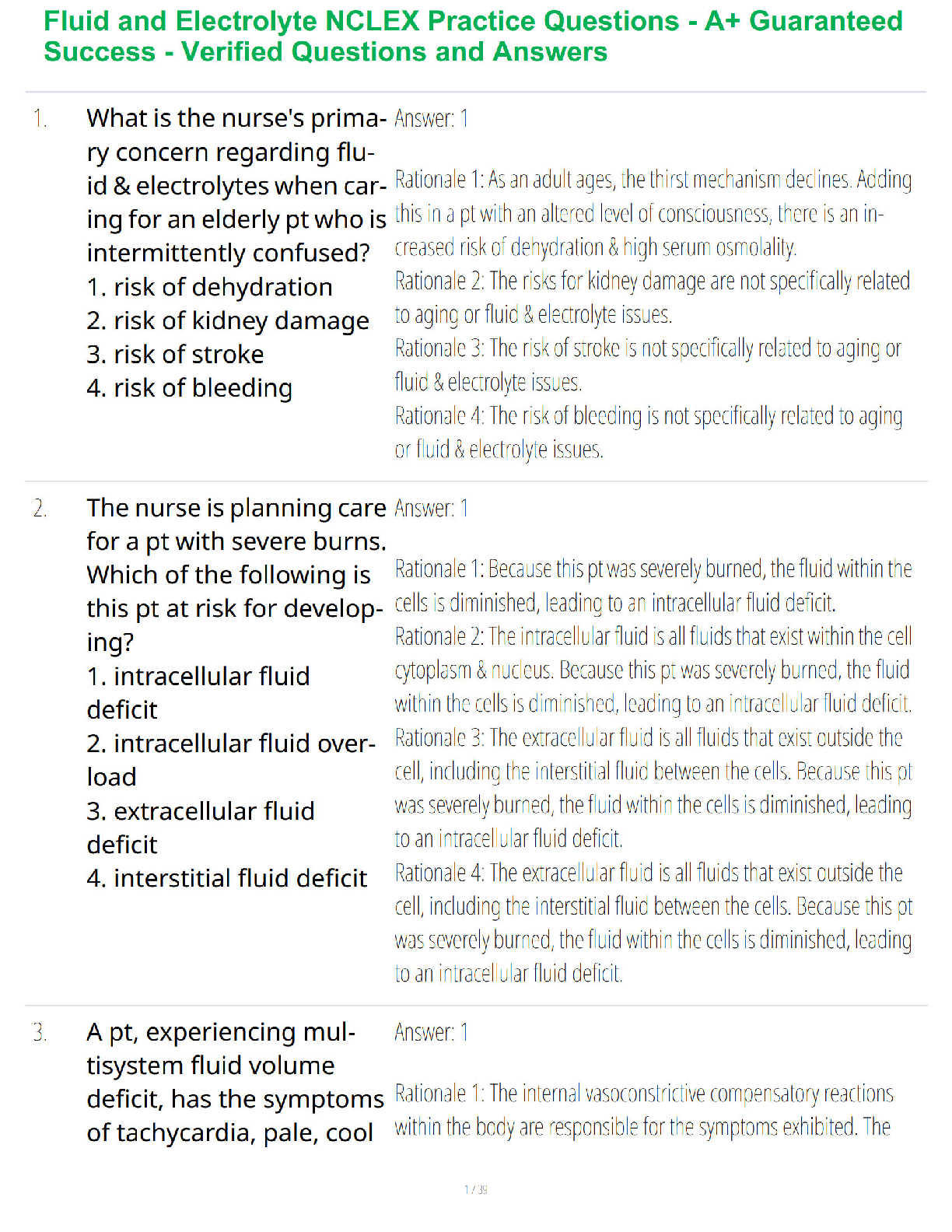 Preview of Fluid and Electrolyte NCLEX Practice Questions - A+ Guaranteed Success - Verified Question