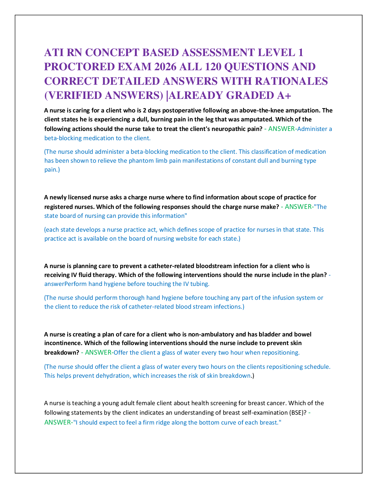 Preview of ATI RN CONCEPT BASED ASSESSMENT LEVEL 1   PROCTORED EXAM 2026 ALL 120 QUESTIONS AND   CORRECT DETAILED ANSWERS WITH RATIONALES  (VERIFIED ANSWERS) |ALREADY GRADED A+
