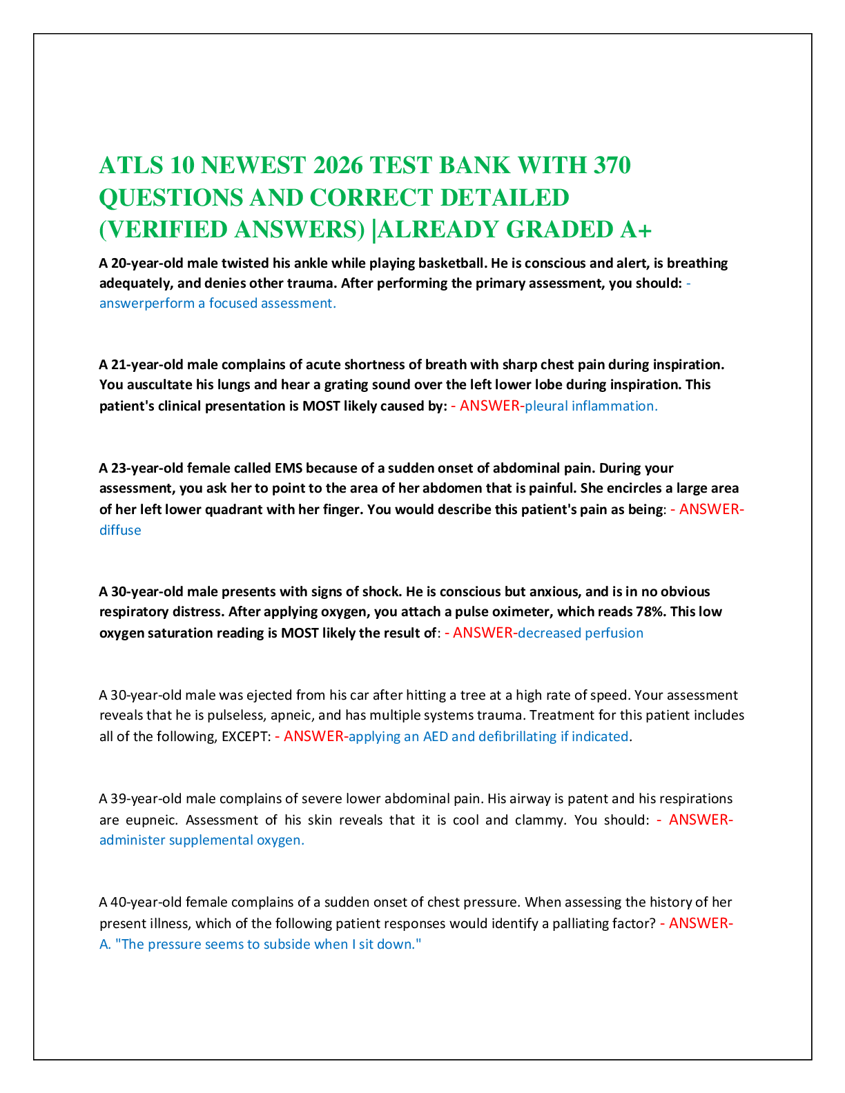 Preview of ATLS 10 NEWEST 2026 TEST BANK WITH 370   QUESTIONS AND CORRECT DETAILED   (VERIFIED ANSWER