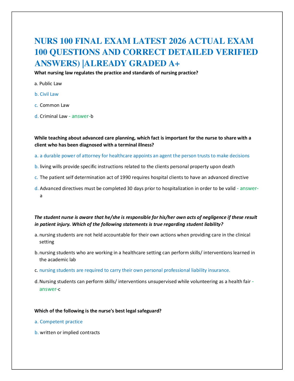 Recommended document preview for NURS 100 FINAL EXAM LATEST 2026 ACTUAL EXAM   100 QUESTIONS AND CORRECT DETAILED VERIFIED  ANSWERS) |ALREADY GRADED A+