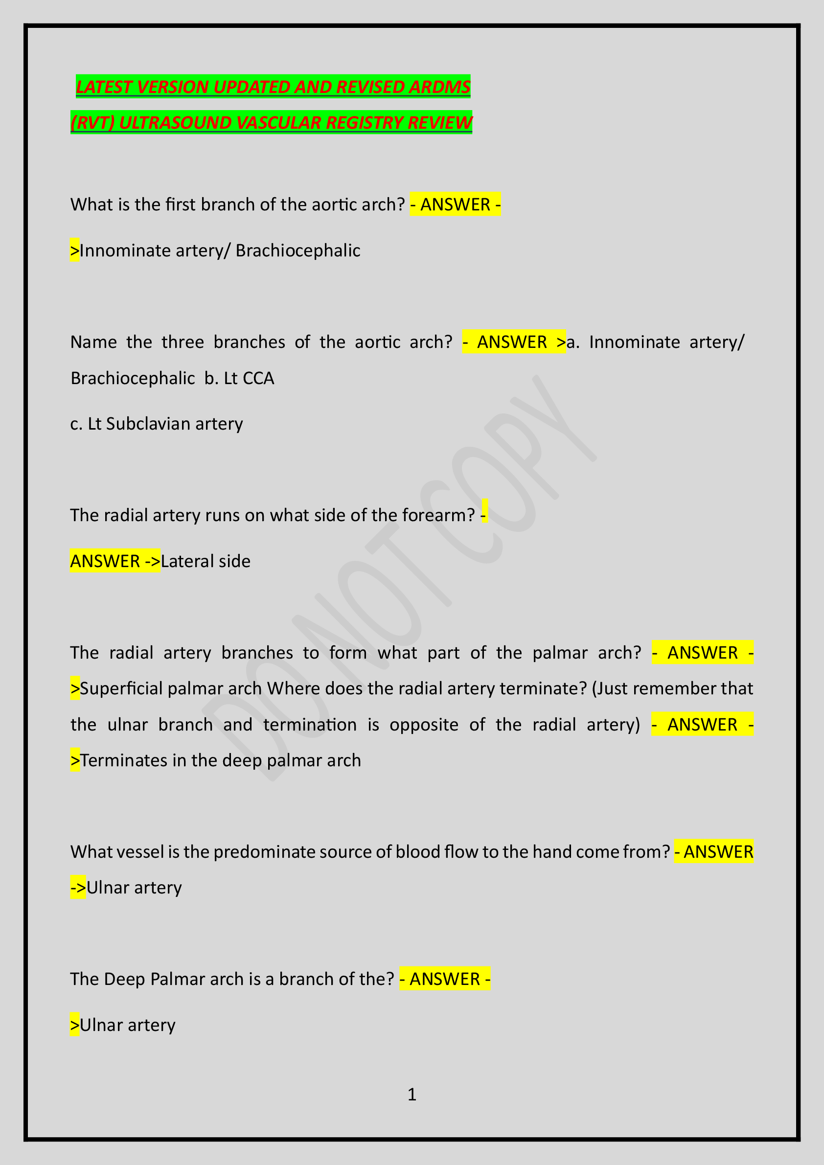 Preview of LATEST VERSION UPDATED AND REVISED ARDMS (RVT) ULTRASOUND VASCULAR REGISTRY REVIEW