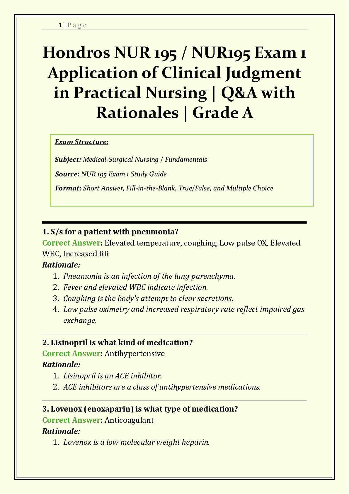 Recommended document preview for Hondros NUR 195 / NUR195 Exam 1 | 2026/2027 | Application of Clinical Judgment in Practical Nursing | Q&A with Rationales | Grade A | Verified Solutions