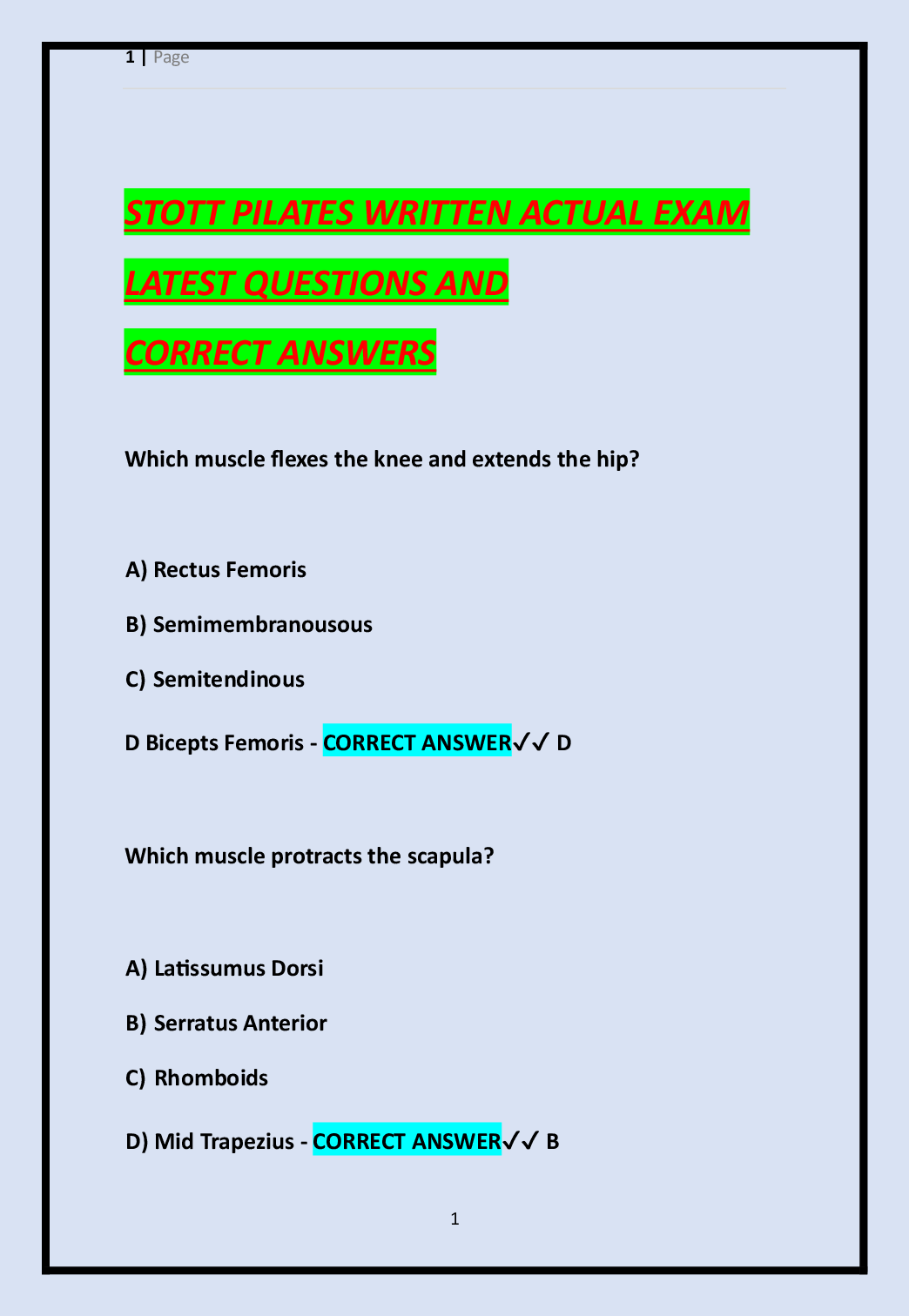 Preview of STOTT PILATES WRITTEN ACTUAL EXAM LATEST QUESTIONS AND CORRECT ANSWERS
