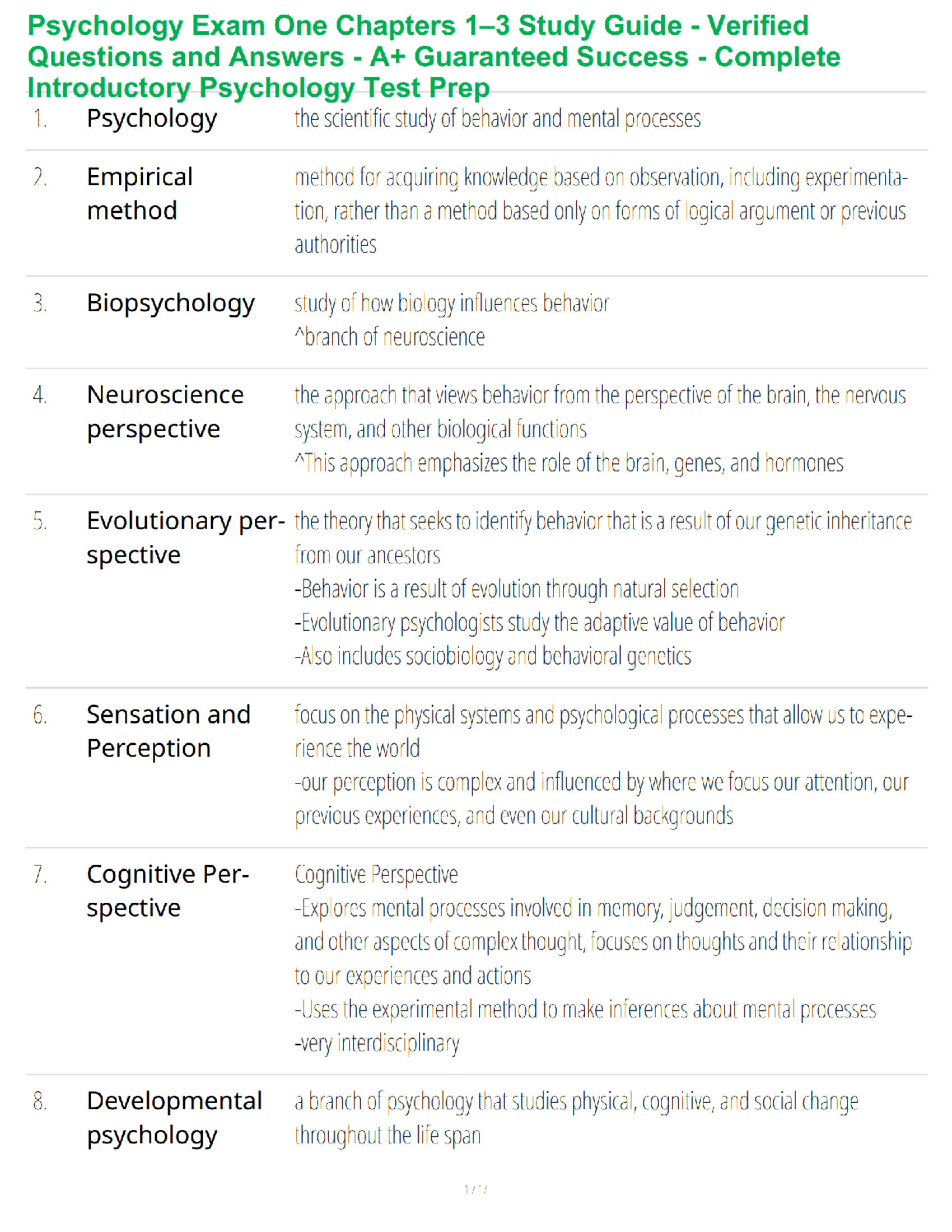 Psychology Exam One Chapters 1–3 Study Guide - Verified Questions and Answers - A+ Guaranteed Success - Complete Introductory Psychology Test Prep