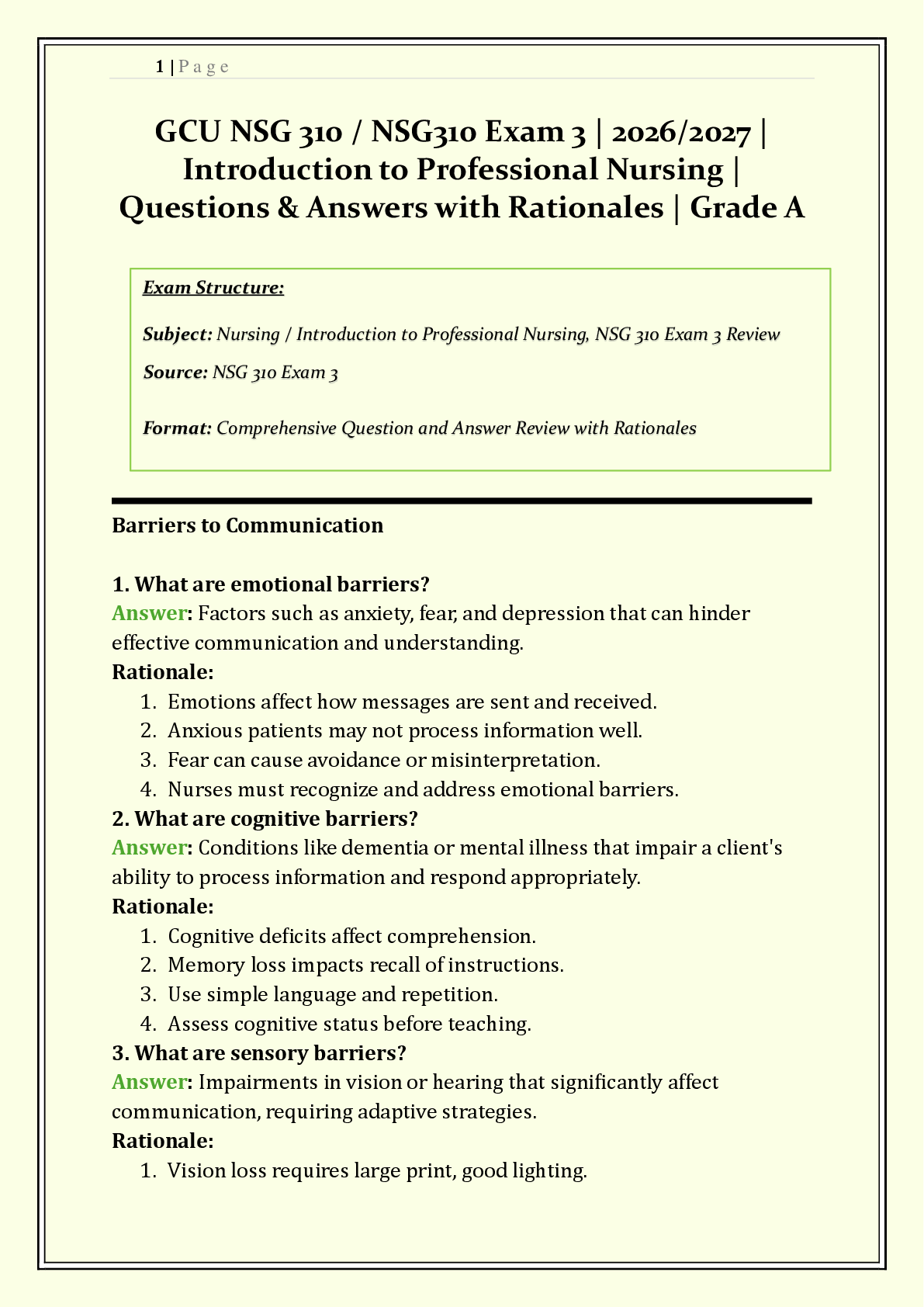 NSG 310 / NSG310 Exam 3 GCU | 2026/2027 | Introduction to Professional Nursing | Q & A with Rationales | Stress & Crisis, Therapeutic Communication, Conflict Resolution | Verified Solutions