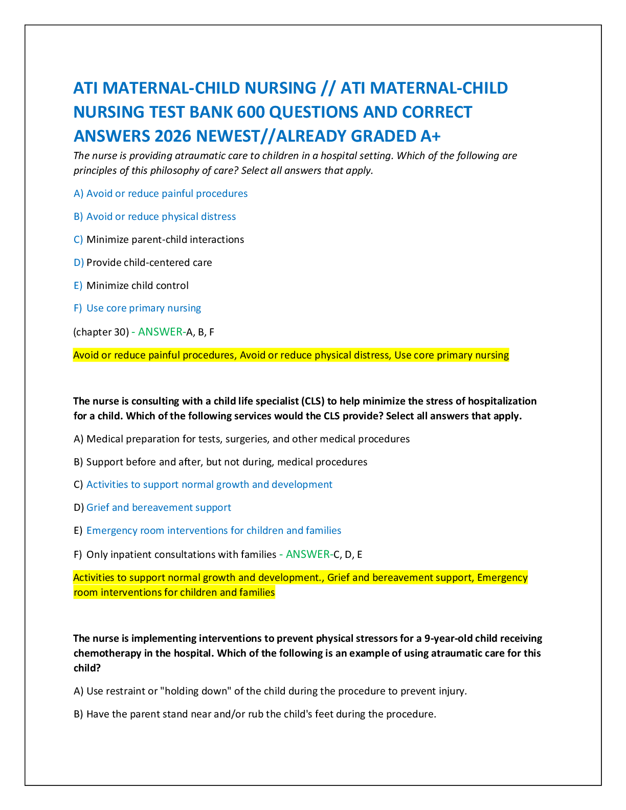 ATI MATERNAL-CHILD NURSING // ATI MATERNAL-CHILD   NURSING TEST BANK 600 QUESTIONS AND CORRECT  ANSWERS 2026 NEWEST//ALREADY GRADED A+
