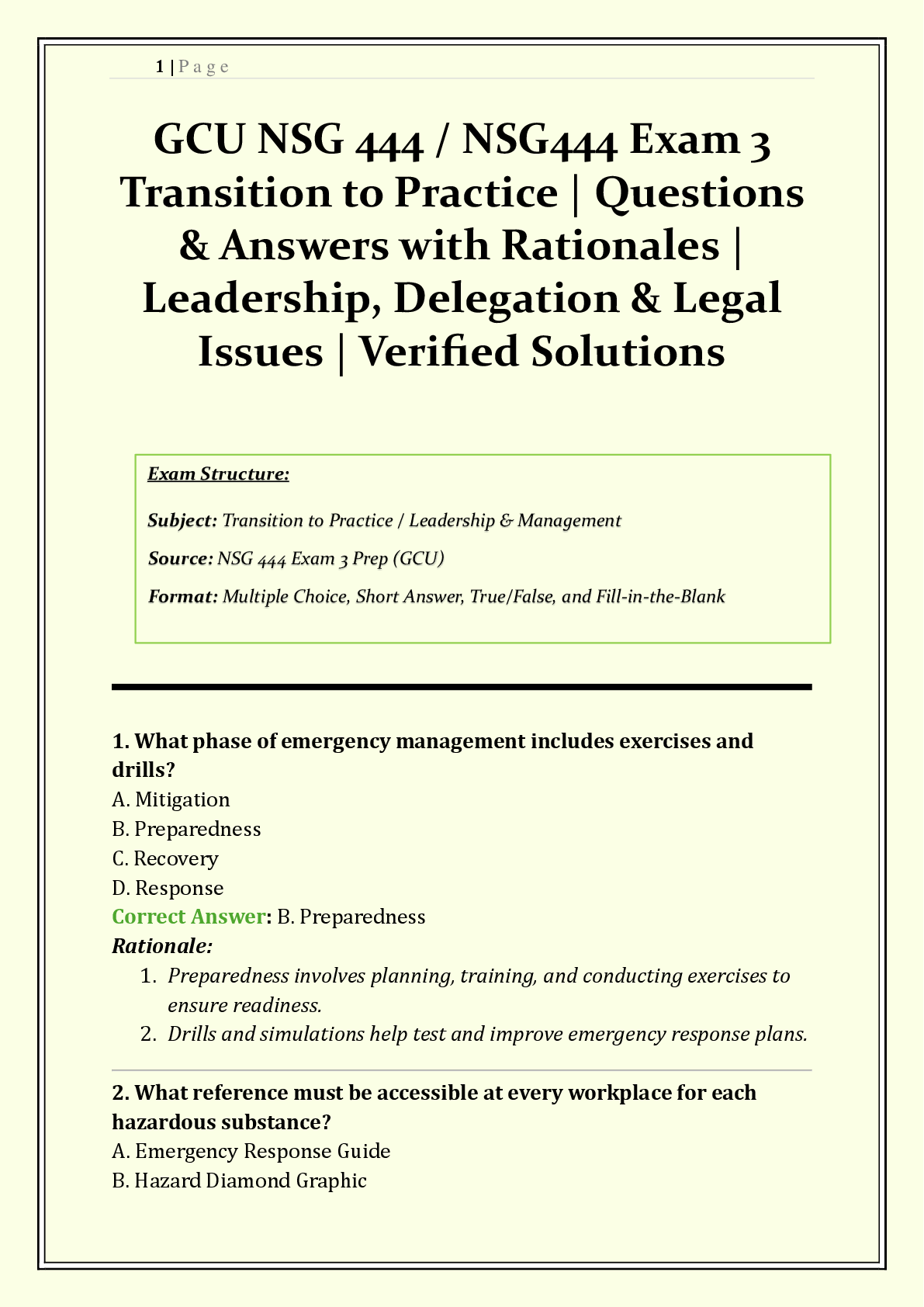 GCU NSG 444 / NSG444 Exam 3 | 2026/2027 | Transition to Practice | Leadership, Delegation, Legal Issues & Healthcare Economics | Q&A with Rationales | Grade A | Verified Solutions