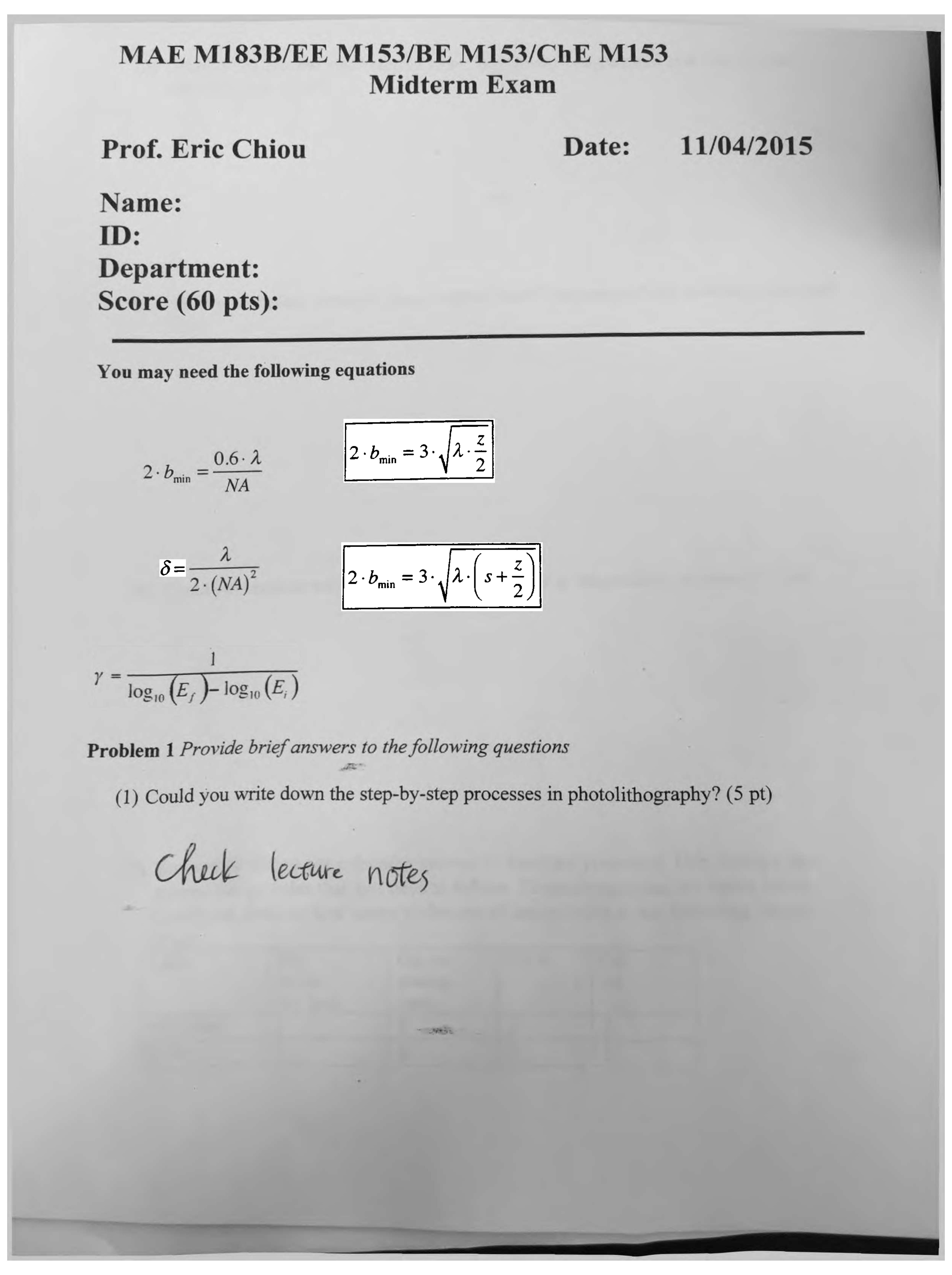 Preview of MAE 183B/EE M153/BE M153/ChE M153 Midterm EXAM Solutions