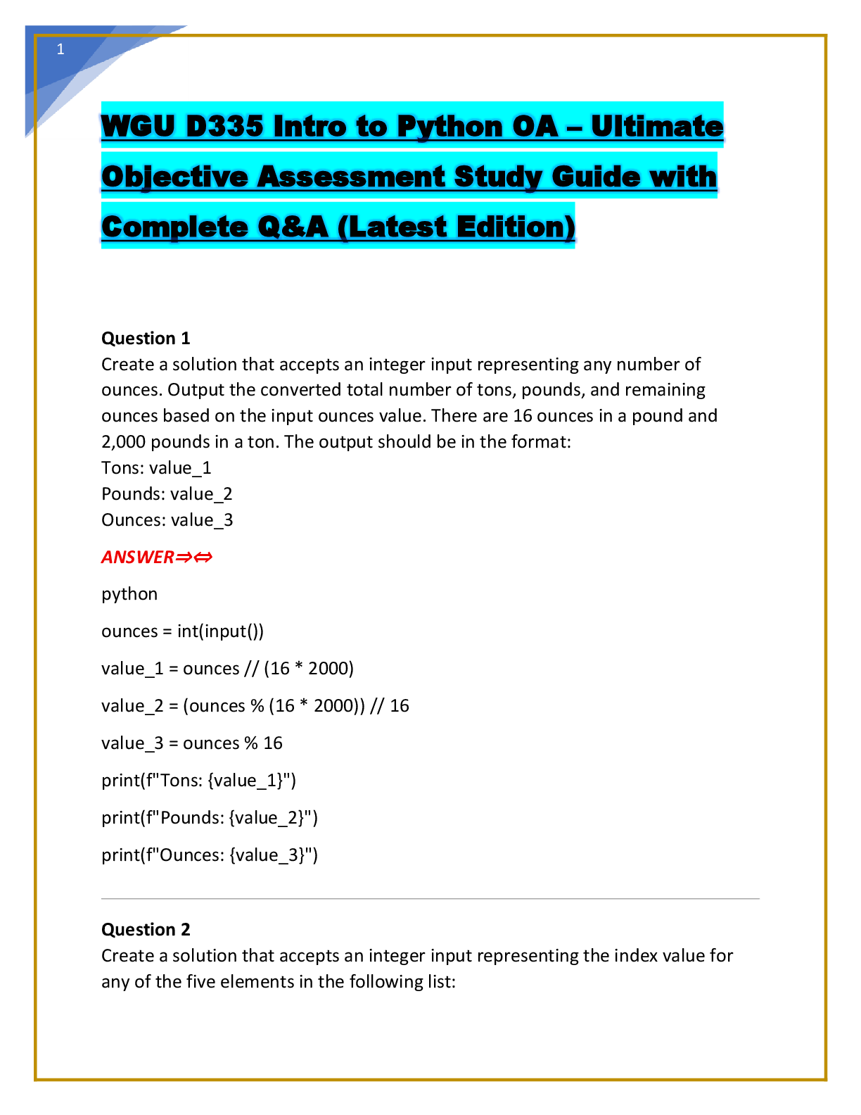 Recommended document preview for WGU D335 Intro to Python OA – Ultimate  Objective Assessment Study Guide with  Complete Q&A (Latest Edition)
