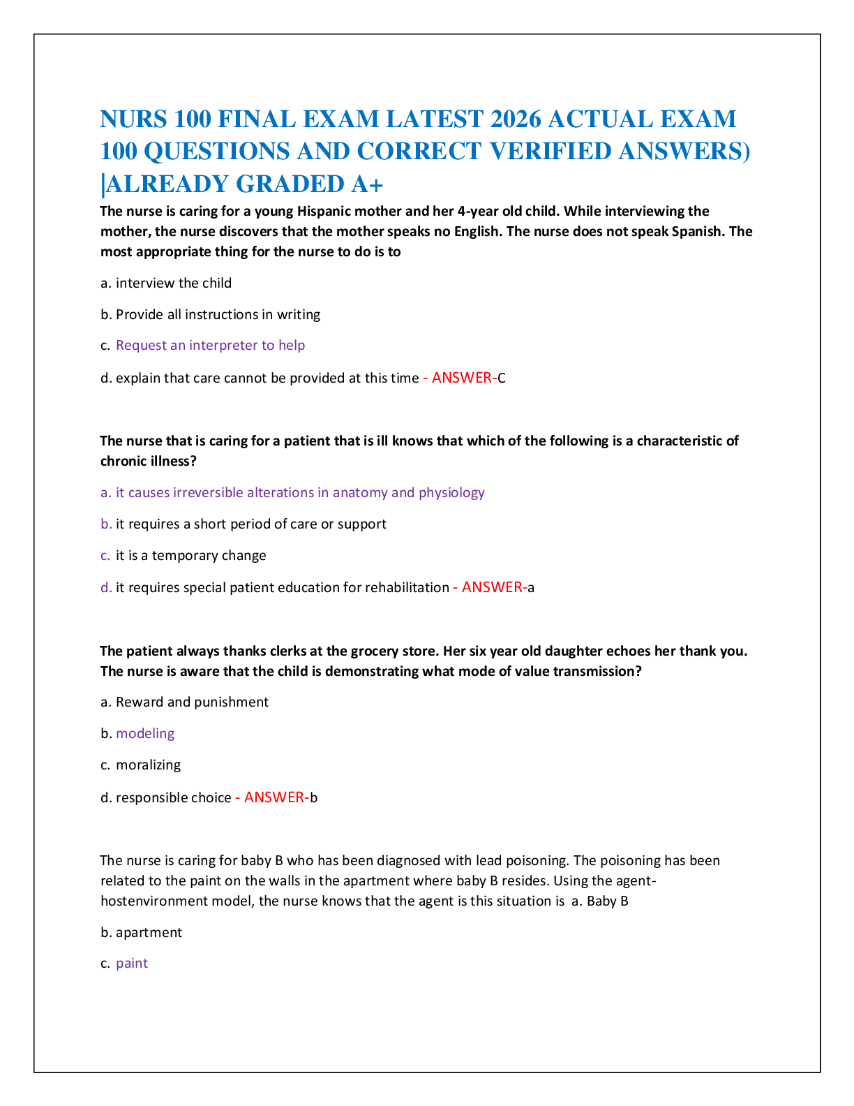 Recommended document preview for NURS 100 FINAL EXAM LATEST 2026 ACTUAL EXAM   100 QUESTIONS AND CORRECT VERIFIED ANSWERS)  |ALREADY GRADED A+