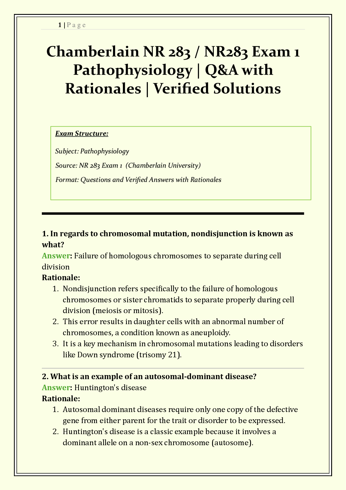 Recommended document preview for NR 283 / NR283 Exam 1 Chamberlain   2026 | Pathophysiology | Q&A with Rationales | Verified Solutions | Grade A+