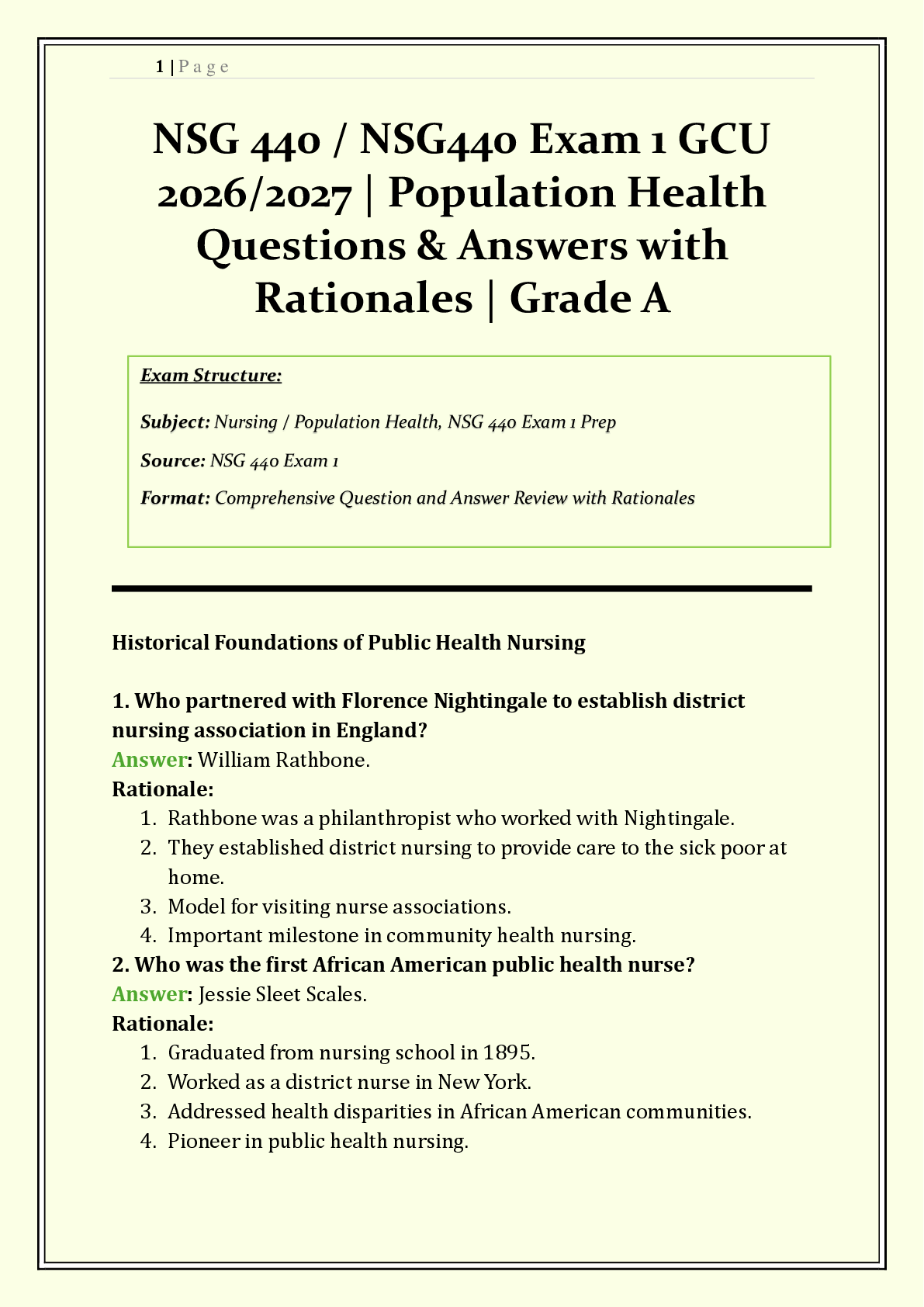 Recommended document preview for NSG 440 / NSG440 Exam 1 GCU | 2026/2027 | Population Health |  Q & A with Rationales | Public Health Founders, Epidemiology, Environmental Health  | Grade A
