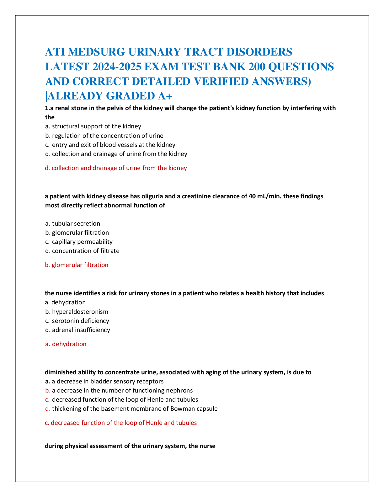 Recommended document preview for ATI MEDSURG URINARY TRACT DISORDERS  LATEST 2024-2025 EXAM TEST BANK 200 QUESTIONS  AND CORRECT DETAILED VERIFIED ANSWERS)  |ALREADY GRADED A+