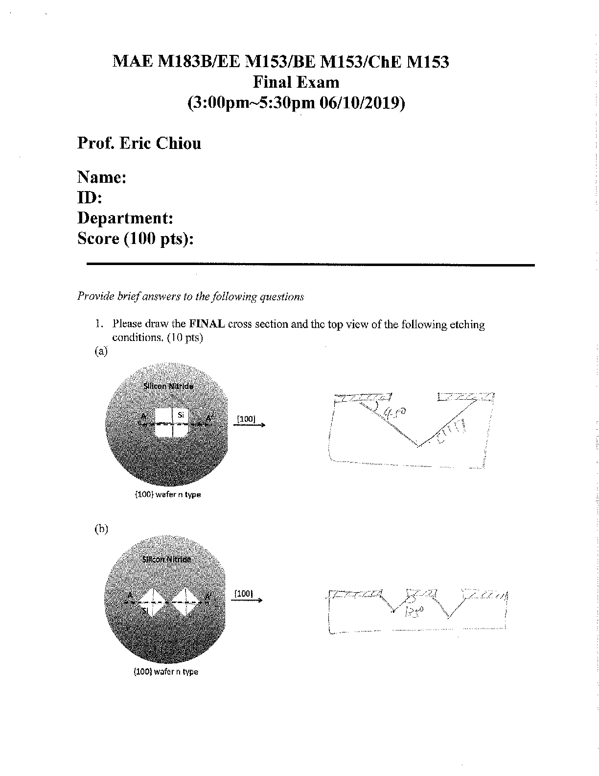 Recommended document preview for MAE M183B/EE M153/BE M153/ChE M153 Practice Final Exam with Solutions