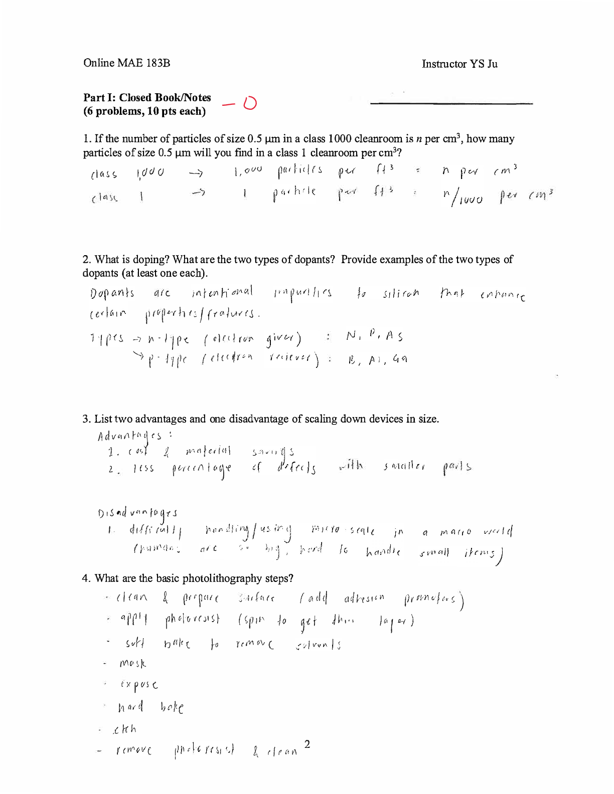 Recommended document preview for MAE 183B  Introduction to Microscale and Nanoscale Manufacturing Midterm Exam