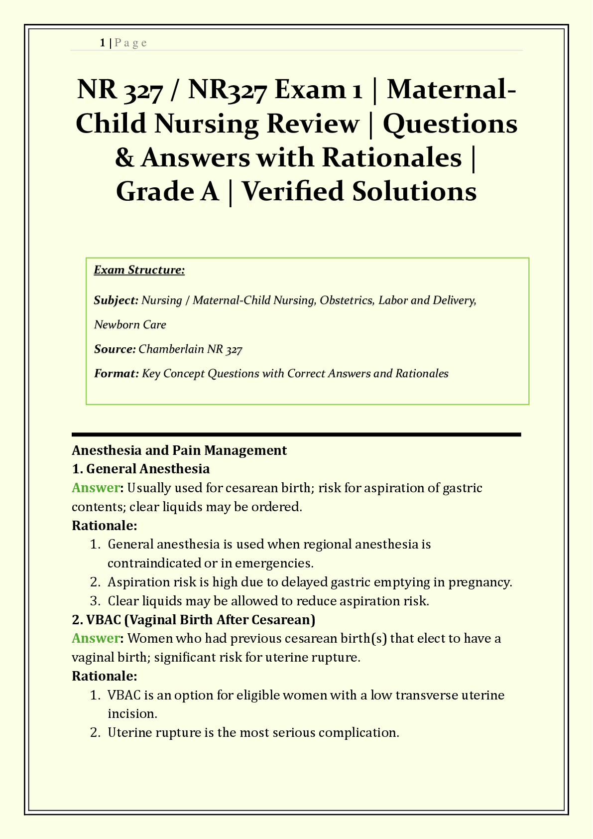 NR 327 / NR327 Exam 1 Chamberlain | 2026/2027 | Maternal-Child Nursing | Q & A with Rationales | GTPAL, Naegele's Rule, Preeclampsia  | Verified Solutions