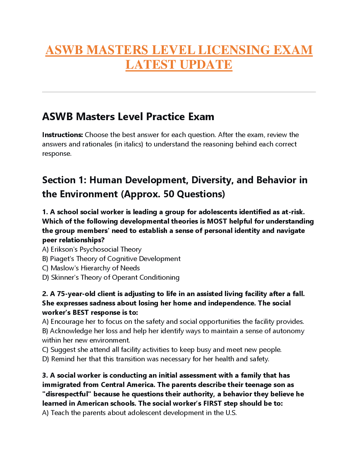 Preview of ASWB MASTERS LEVEL LICENSING EXAM  LATEST UPDATE