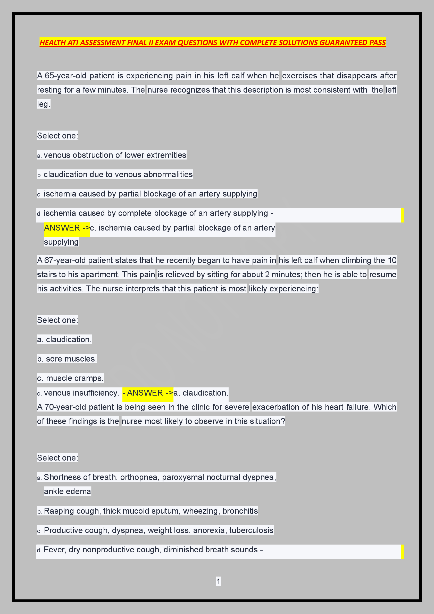 Preview of HEALTH ATI ASSESSMENT FINAL II EXAM QUESTIONS WITH COMPLETE SOLUTIONS GUARANTEED PASS