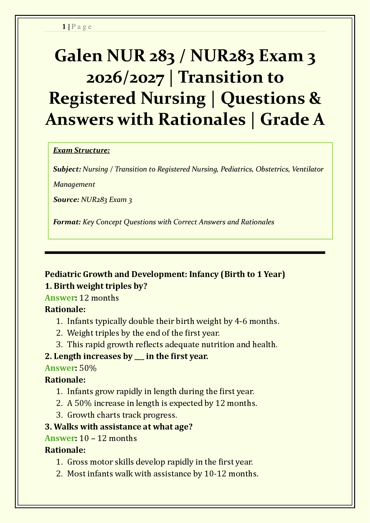 Preview of NUR 283 / NUR283 Exam 3 Galen | 2026/2027 | Transition to Registered Nursing | Q & A with