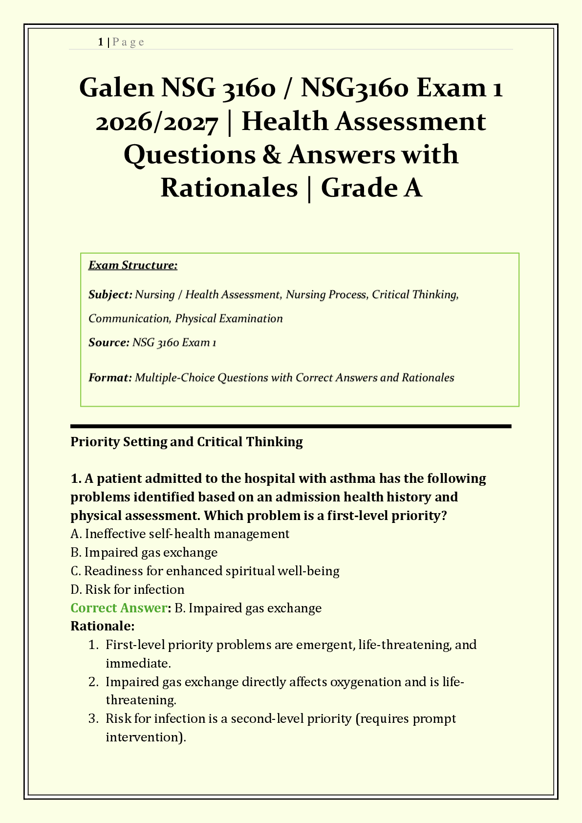 NSG 3160 / NSG3160 Exam 1 2026/2027 | Health Assessment Galen | Q & A with Rationales | Critical Thinking, Subjective/Objective Data, Priority Setting | Verified Solutions