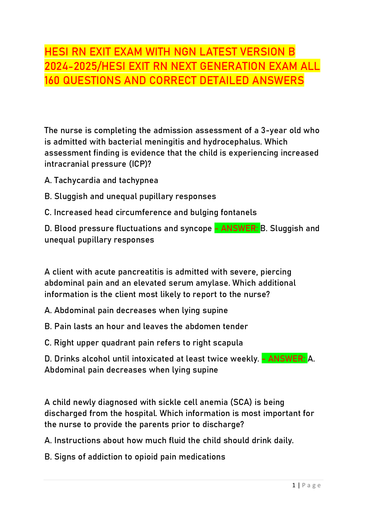 HESI RN EXIT EXAM WITH NGN LATEST VERSION B 2024-2025/HESI EXIT RN NEXT GENERATION EXAM ALL 160 QUESTIONS AND CORRECT DETAILED ANSWERS