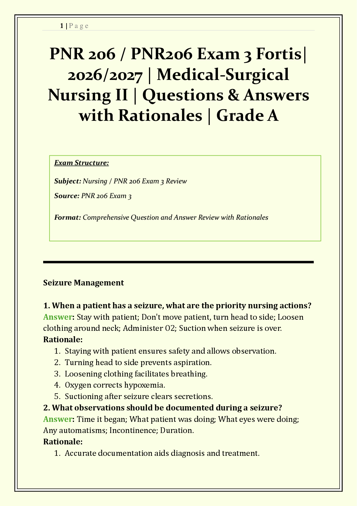 Recommended document preview for PNR 206 / PNR206 Exam 3 Fortis  | 2026/2027 | Medical-Surgical Nursing II |  Q & A with Rationales | Cranial Nerves, ICP, Spinal Injuries  | Verified Solutions