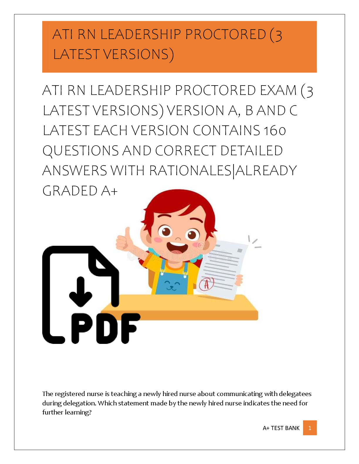 Preview of ATI RN LEADERSHIP PROCTORED EXAM (3  LATEST VERSIONS) VERSION A, B AND C  LATEST EACH VERS