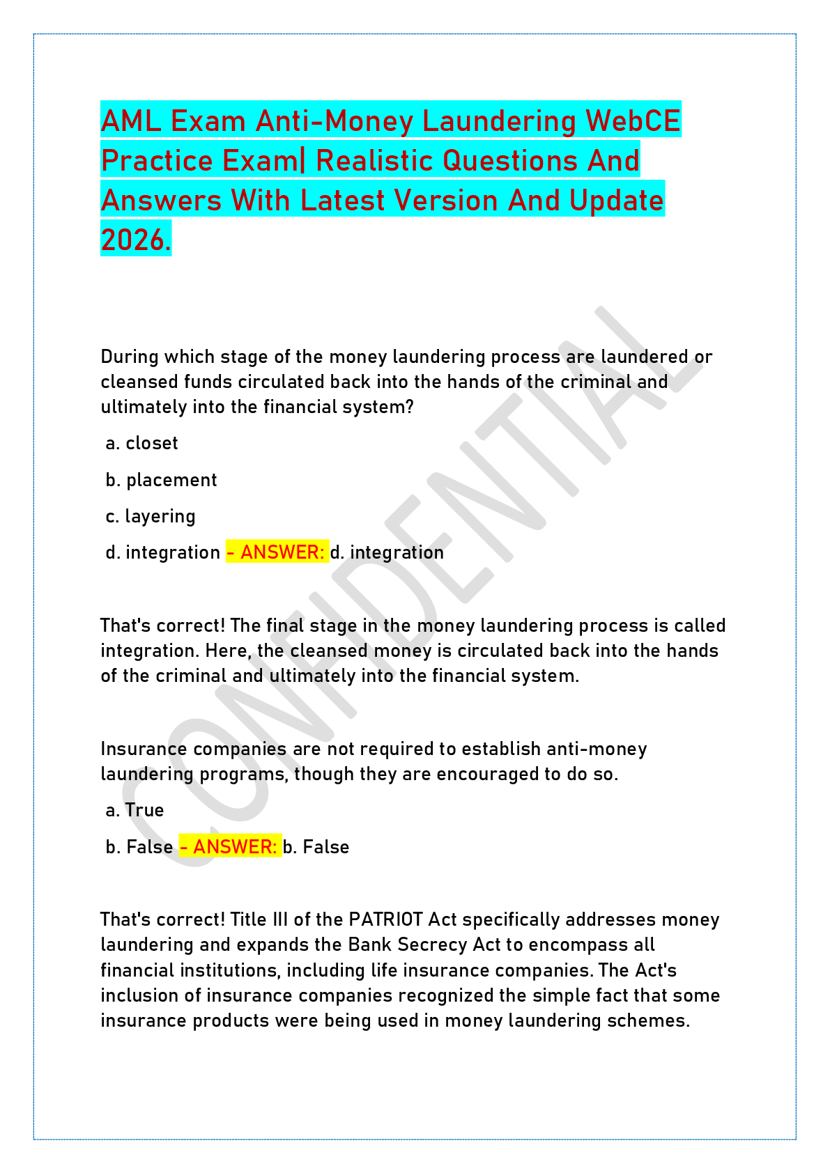 Recommended document preview for AML Exam Anti-Money Laundering WebCE Practice Exam| Realistic Questions And Answers With Latest Version And Update 2026.