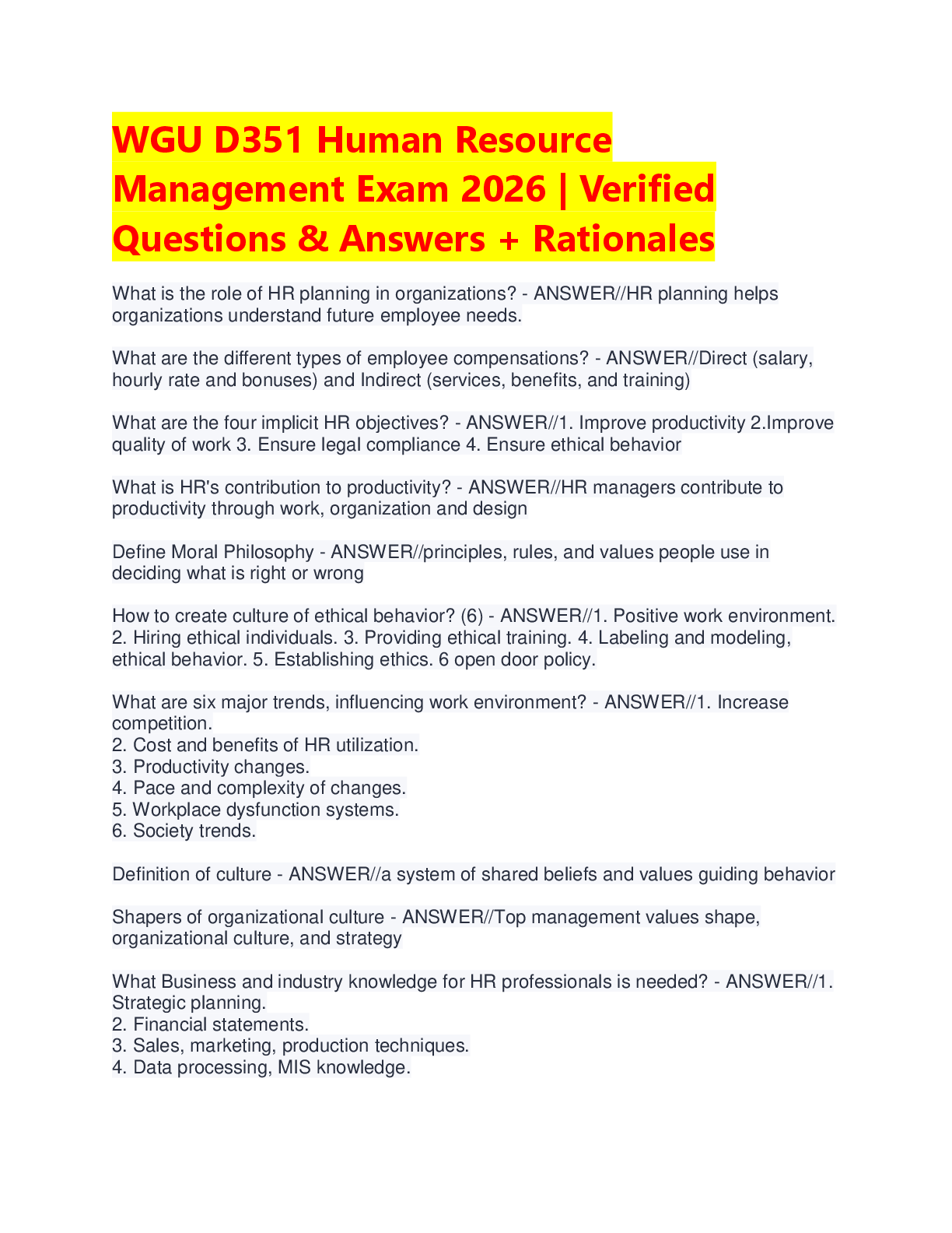 Recommended document preview for WGU D351 Human Resource Management – Exam Prep Study Guide
