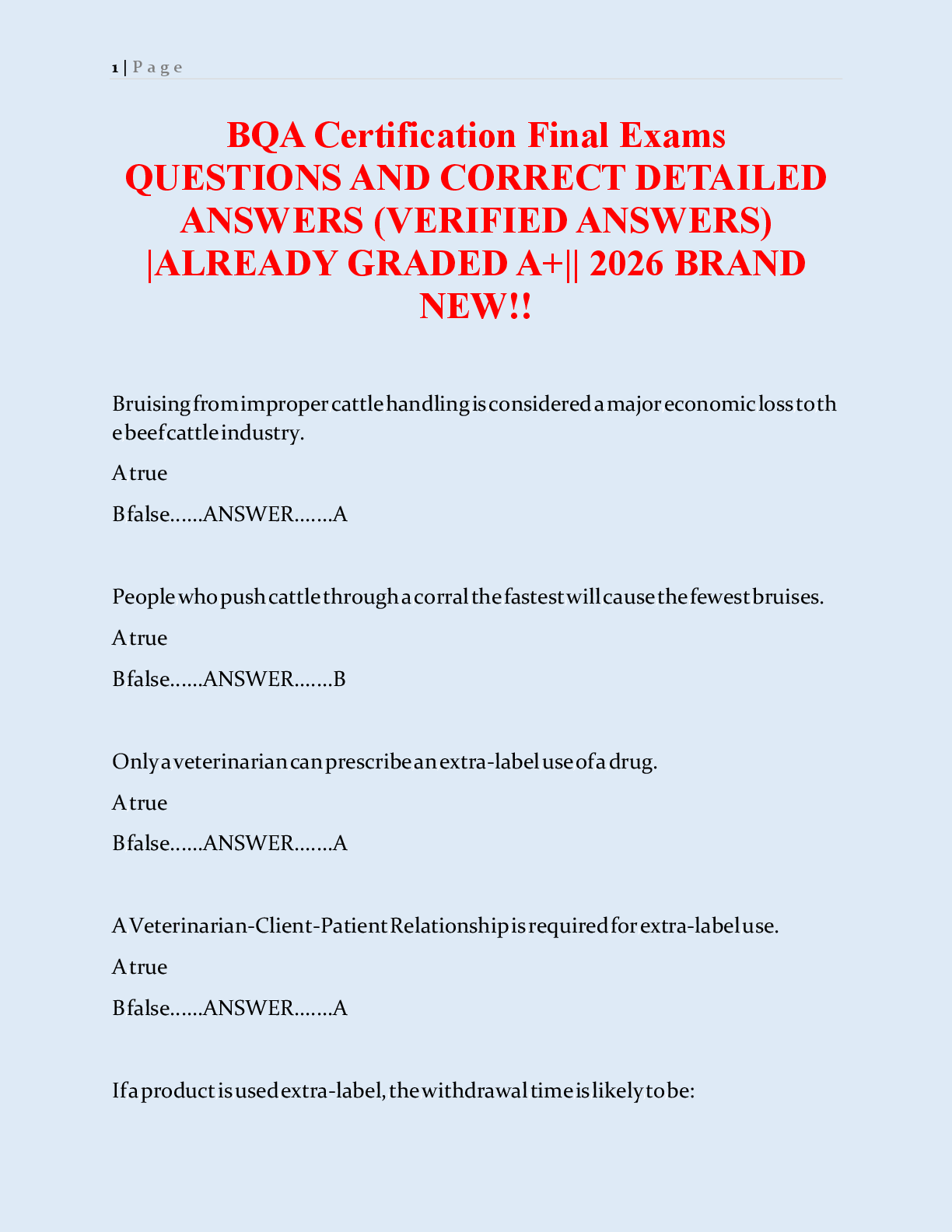 Recommended document preview for BQA Certification Final Exam Study Guide: Questions & Verified Answers