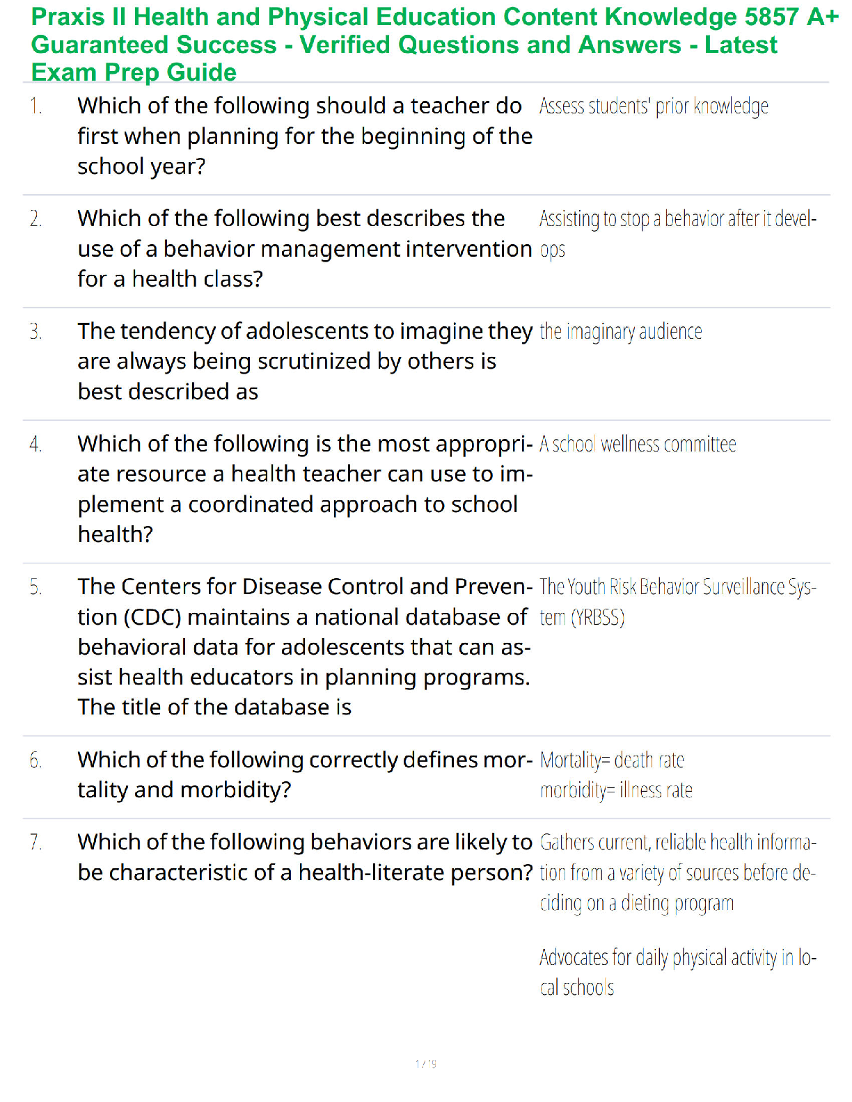 Praxis II Health and Physical Education Content Knowledge 5857 A+ Guaranteed Success - Verified Questions and Answers - Latest Exam Prep Guide