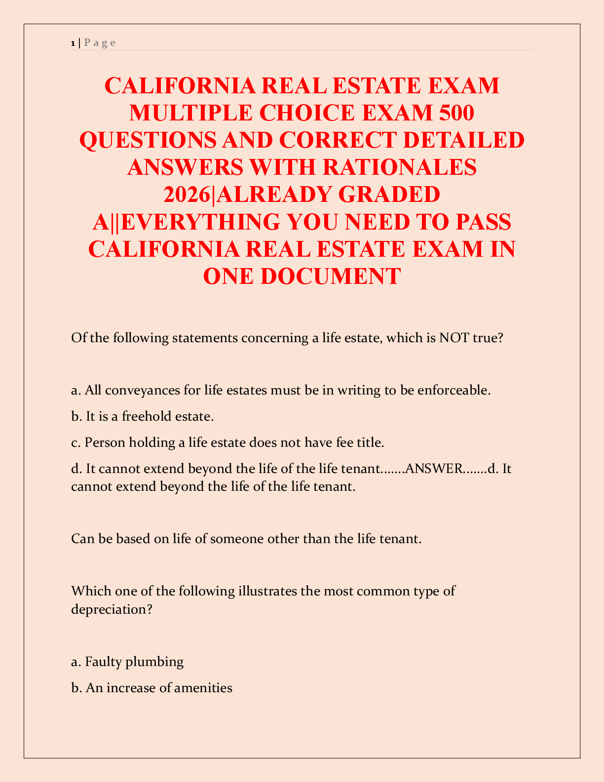 Recommended document preview for California Real Estate Exam Study Guide: 500 Multiple-Choice Questions with Detailed Answers and Rationales