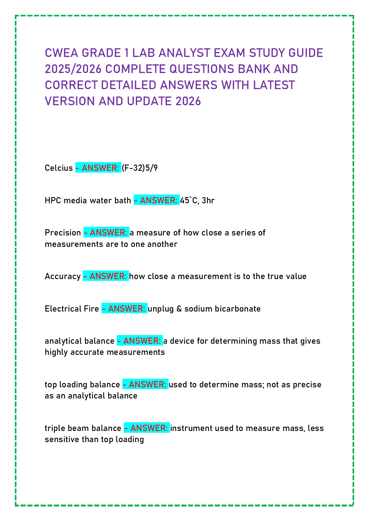 Recommended document preview for CWEA GRADE 1 LAB ANALYST EXAM STUDY GUIDE 2025/2026 COMPLETE QUESTIONS BANK AND CORRECT DETAILED ANSWERS WITH LATEST VERSION AND UPDATE 2026