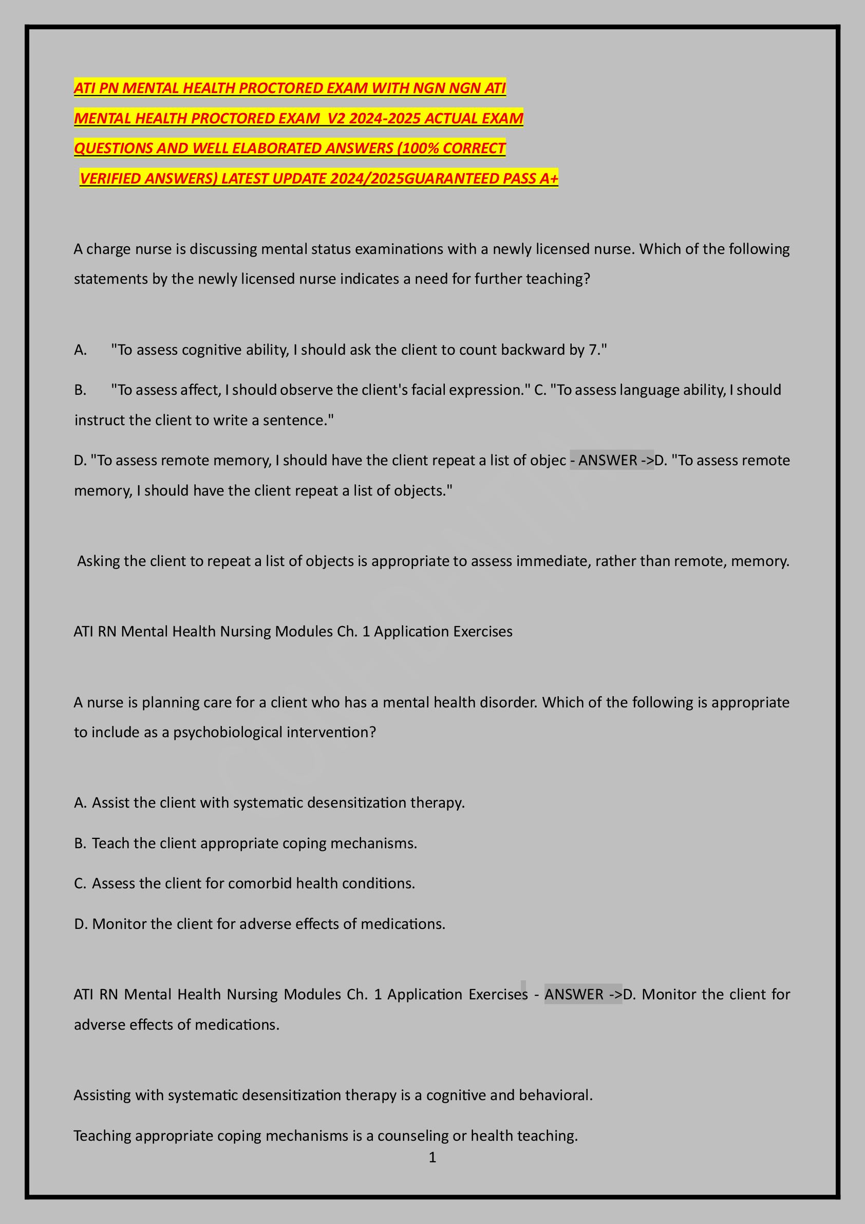 Recommended document preview for ATI PN MENTAL HEALTH PROCTORED EXAM WITH NGN NGN ATI MENTAL HEALTH PROCTORED EXAM V2 2024-2025 ACTUAL EXAM QUESTIONS AND WELL ELABORATED ANSWERS (100% CORRECT VERIFIED ANSWERS) LATEST UPDATE 2024/2025GUARANTEED PASS A+