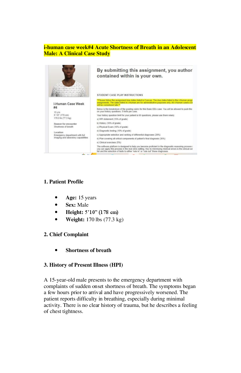 Preview of i-human case week#4 Acute Shortness of Breath in an Adolescent Male: A Clinical Case Study