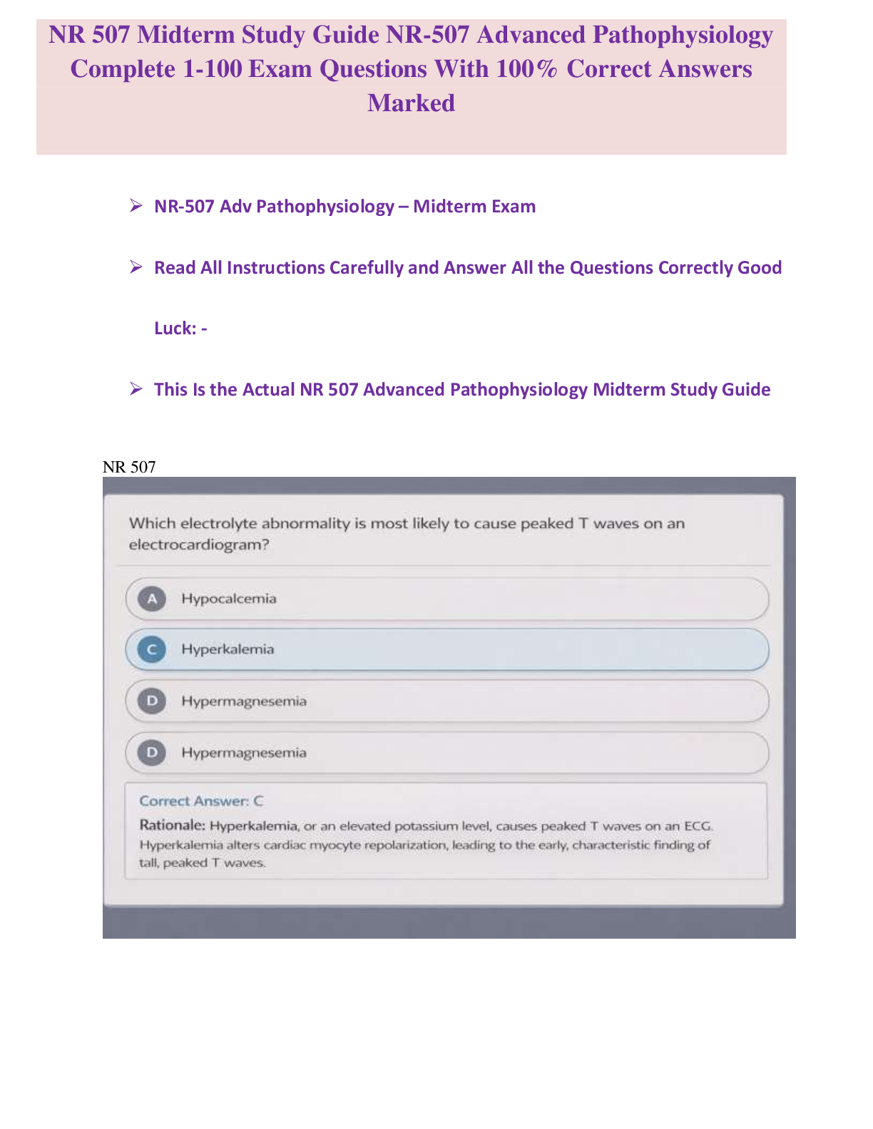 Recommended document preview for NR 507 Midterm Study Guide NR-507 Advanced Pathophysiology Complete 1-100 Exam Questions With 100% Correct Answers Marked
