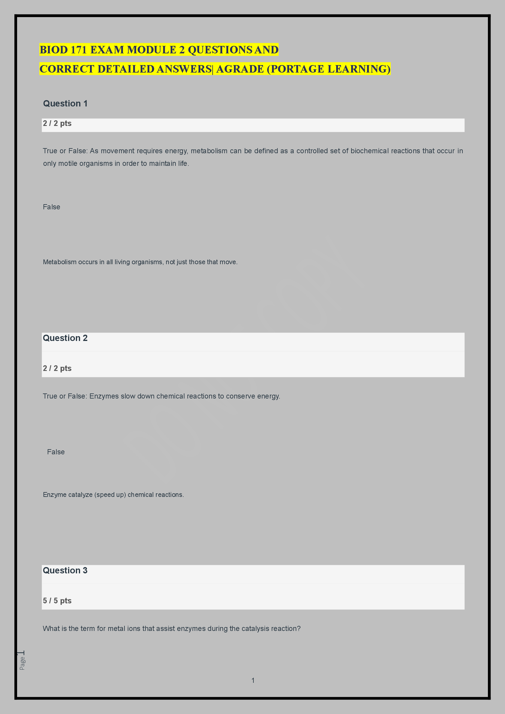 Recommended document preview for BIOD 171 EXAM MODULE 2 QUESTIONS AND CORRECT DETAILED ANSWERS| AGRADE (PORTAGE LEARNING)