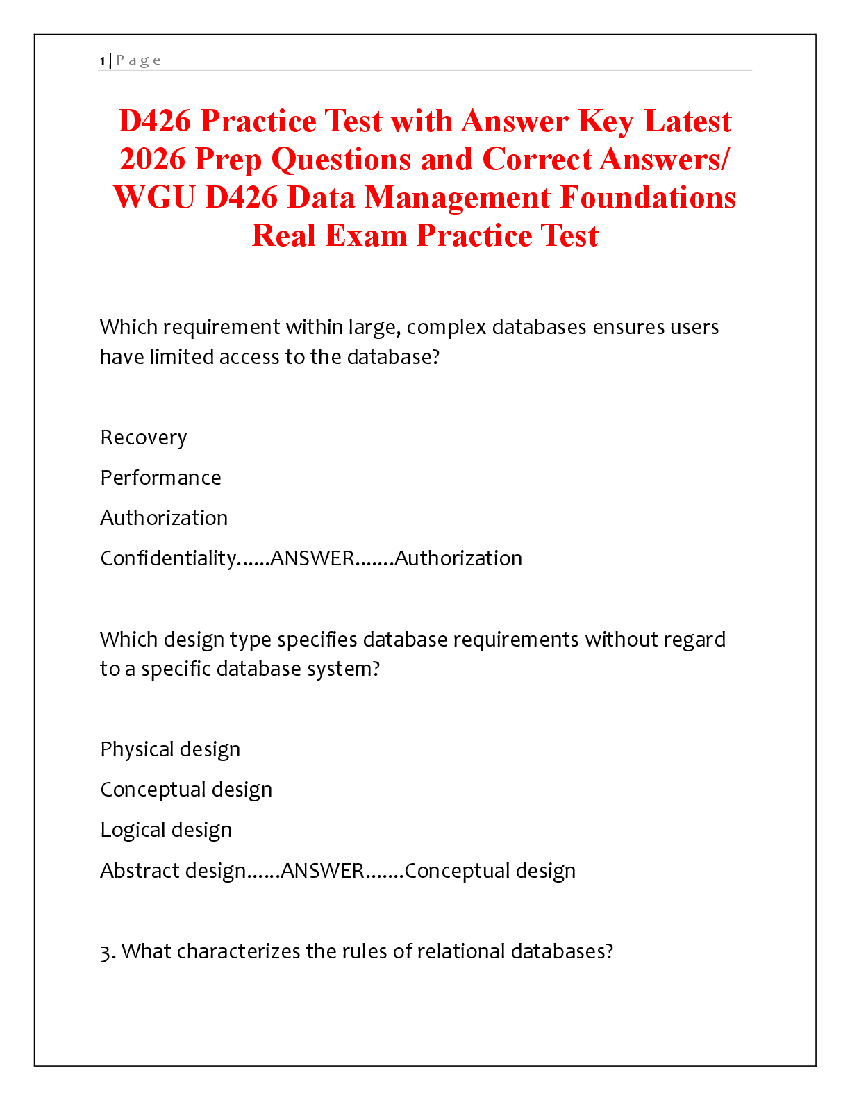 Preview of D426 Data Management Foundations Exam Study Guide: Practice Test with Answer Key
