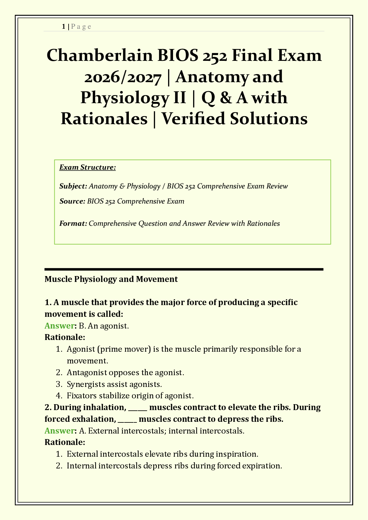 Recommended document preview for BIOS 252 / BIOS252 Final Exam Chamberlain  | 2026/2027 | Anatomy and Physiology II with Lab | Q & A with Rationales | Cardiovascular, Respiratory, Digestive, Urinary, Endocrine, Nervous Systems  | Verified Solutions