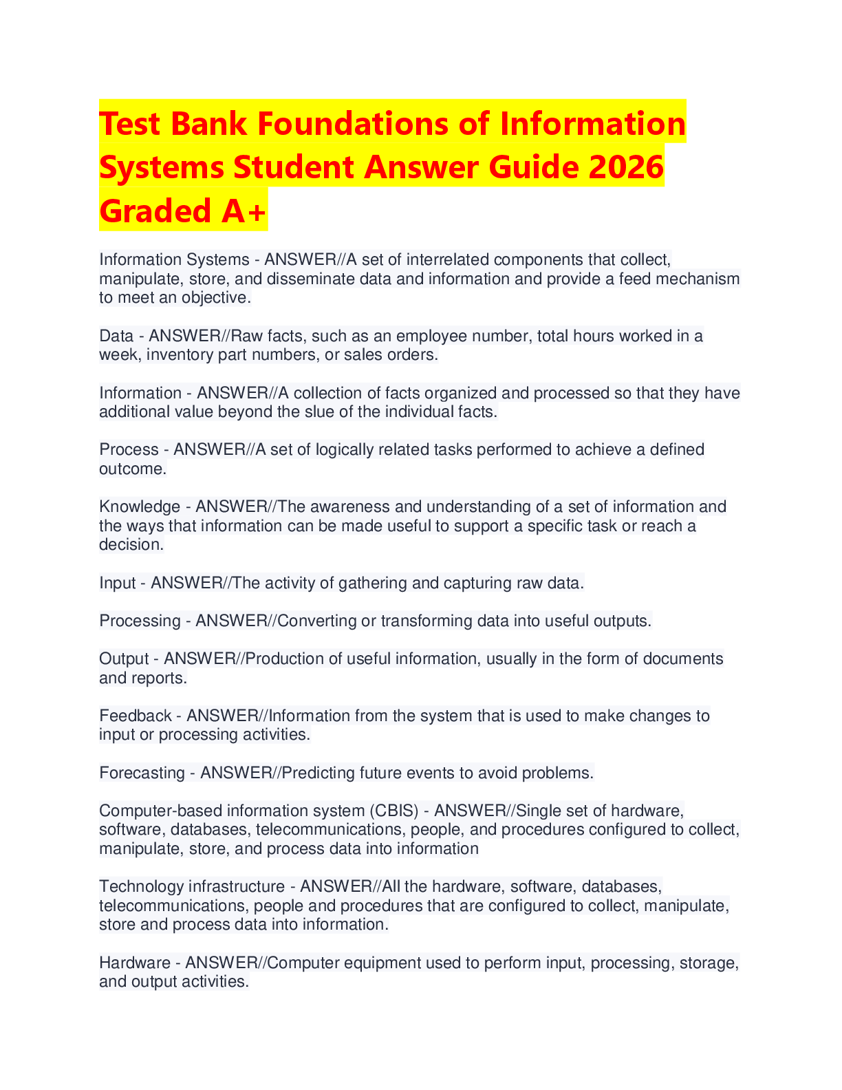 Preview of Test Bank: Foundations of Information Systems – Student Answer Guide 2026